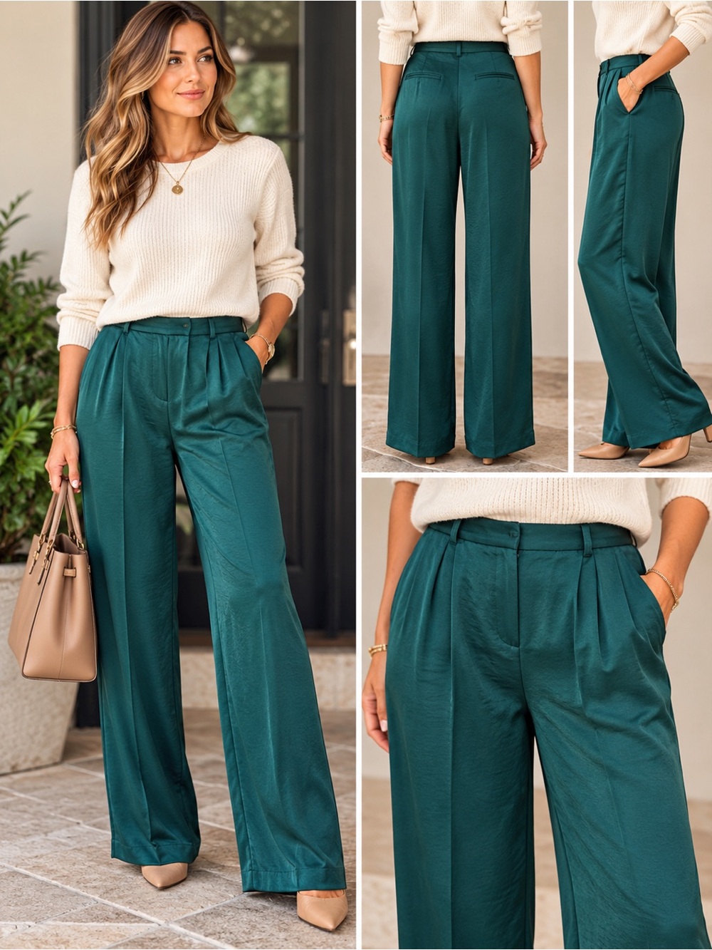 Rachel Zoe Emerald Teal Satin Wide Leg Pleated Pants
